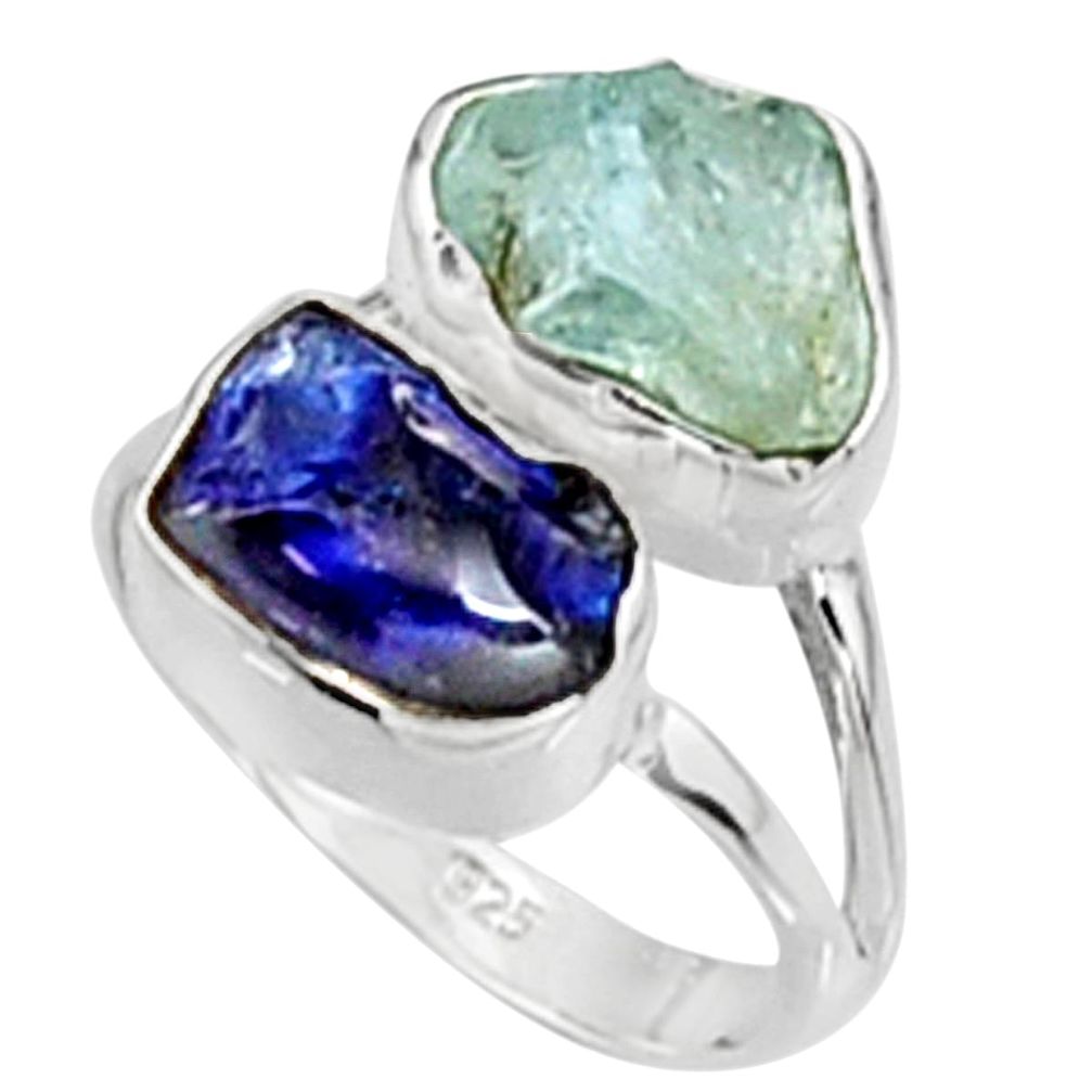 11.07cts natural aqua aquamarine rough sapphire rough silver ring size 7 p94716