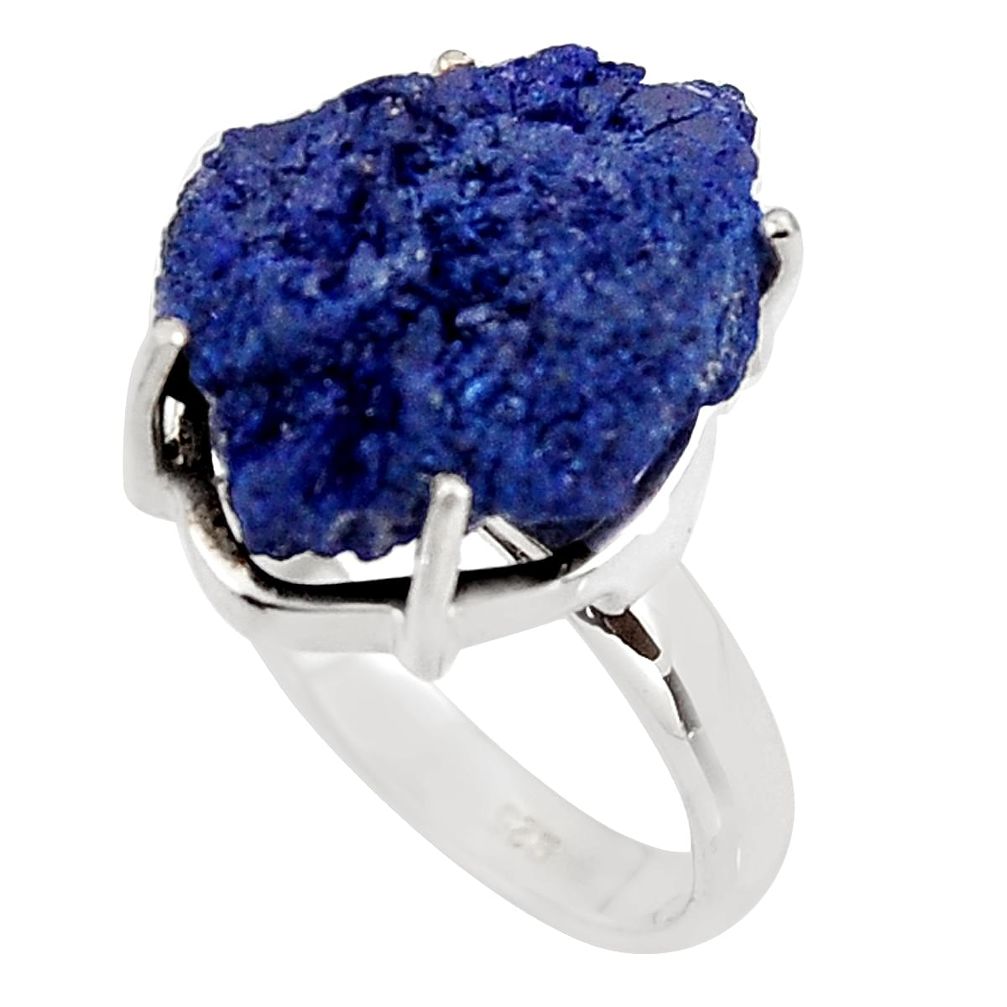 17.20cts natural blue azurite druzy 925 silver solitaire ring size 8 p94948