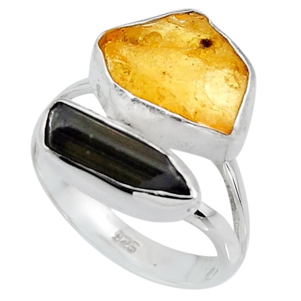 9.61cts yellow amber tourmaline rough 925 sterling silver ring size 7 p95006