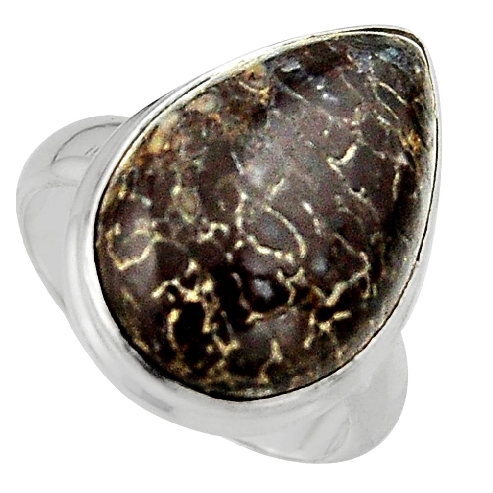 Natural brown dinosaur bone fossilized 925 silver solitaire ring size 7 p95257