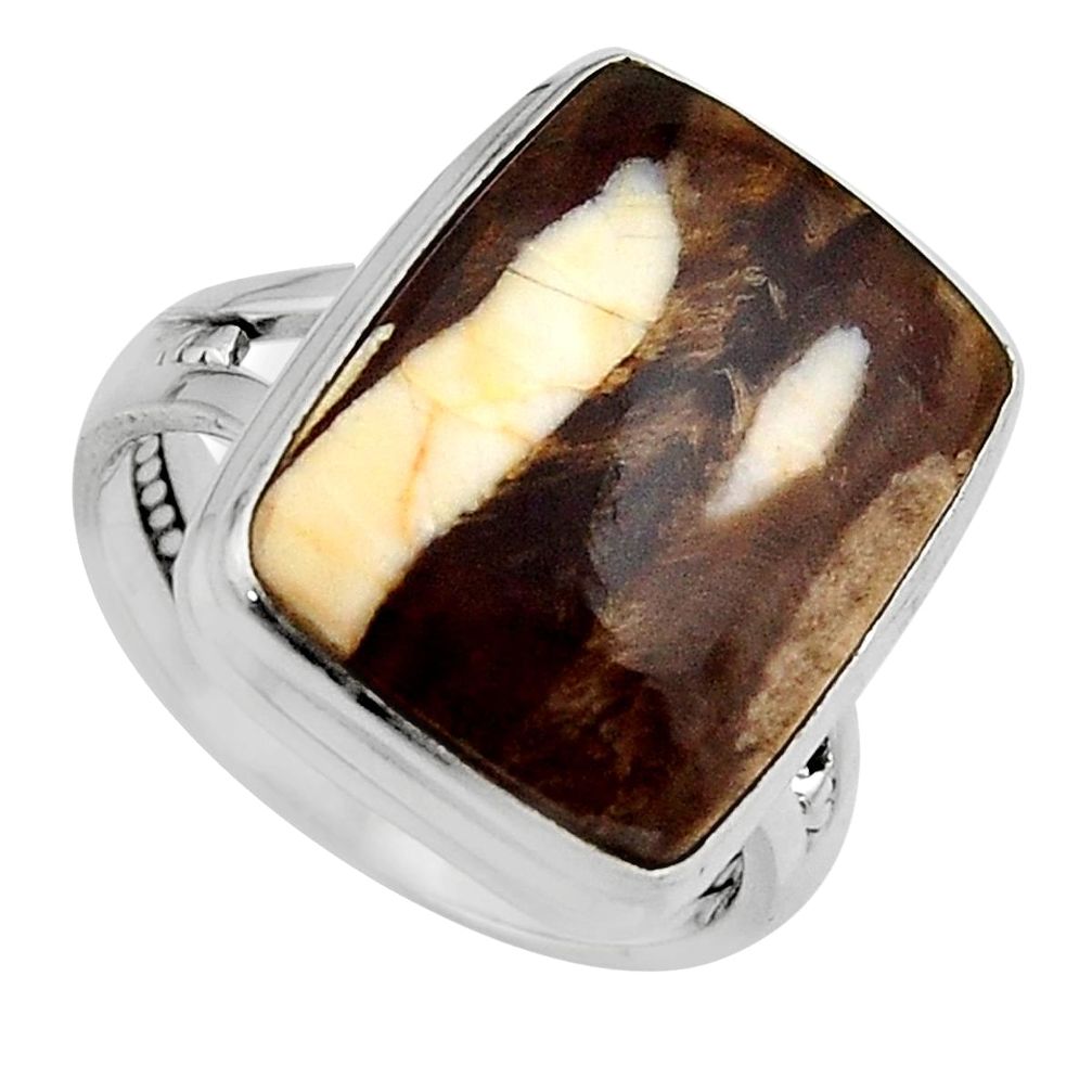 Natural peanut petrified wood fossil 925 silver solitaire ring size 8.5 p95699