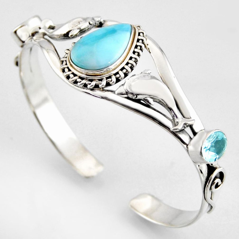 17.01cts natural blue larimar topaz 925 silver dolphin adjustable bangle r3726