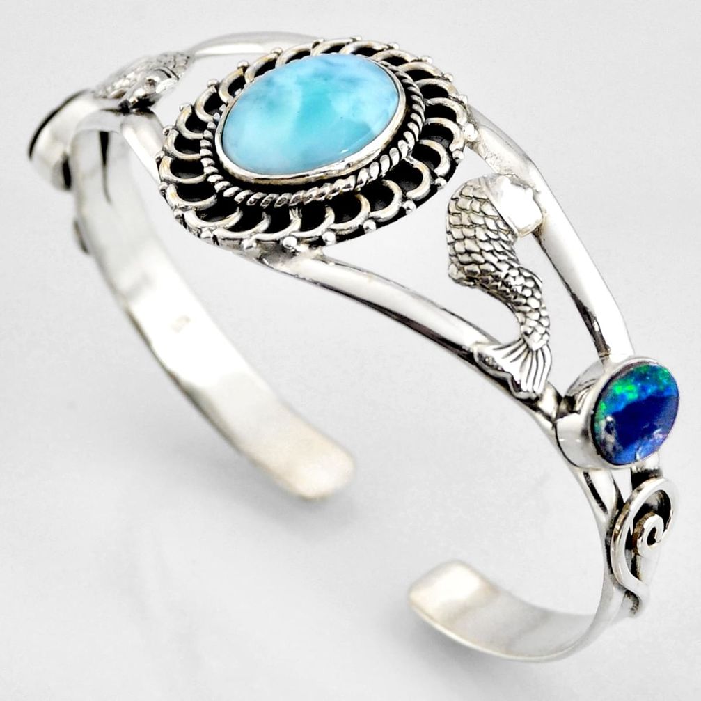 925 silver 16.21cts natural blue larimar fish charm adjustable bangle r3739