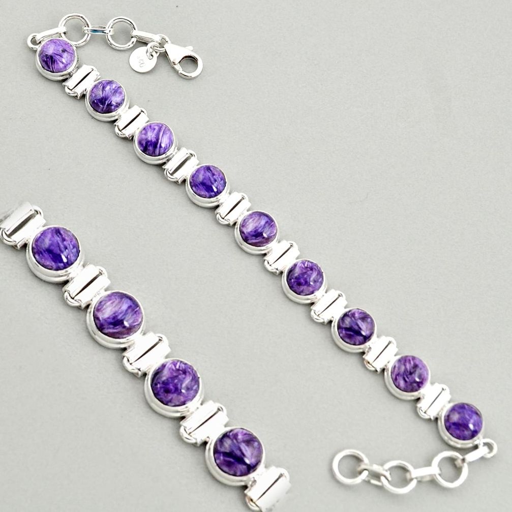 28.93cts natural purple charoite (siberian) 925 silver tennis bracelet r4362