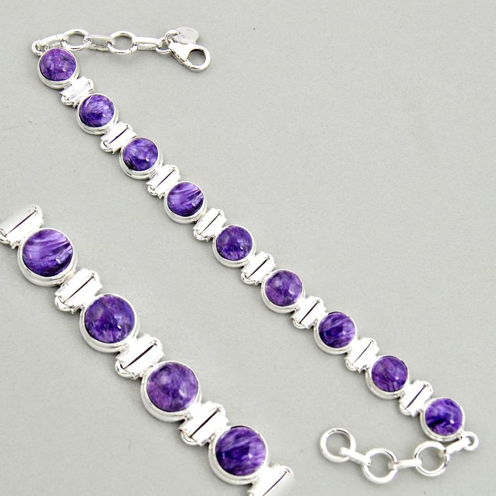 28.93cts natural purple charoite (siberian) 925 silver tennis bracelet r4378