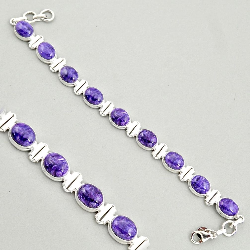 38.72cts natural purple charoite (siberian) 925 silver tennis bracelet r4399