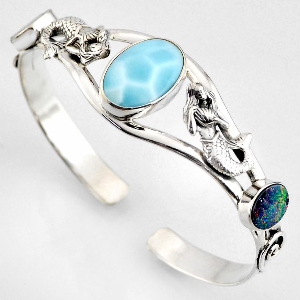 15.22cts natural blue larimar 925 silver fairy mermaid adjustable bangle r4946