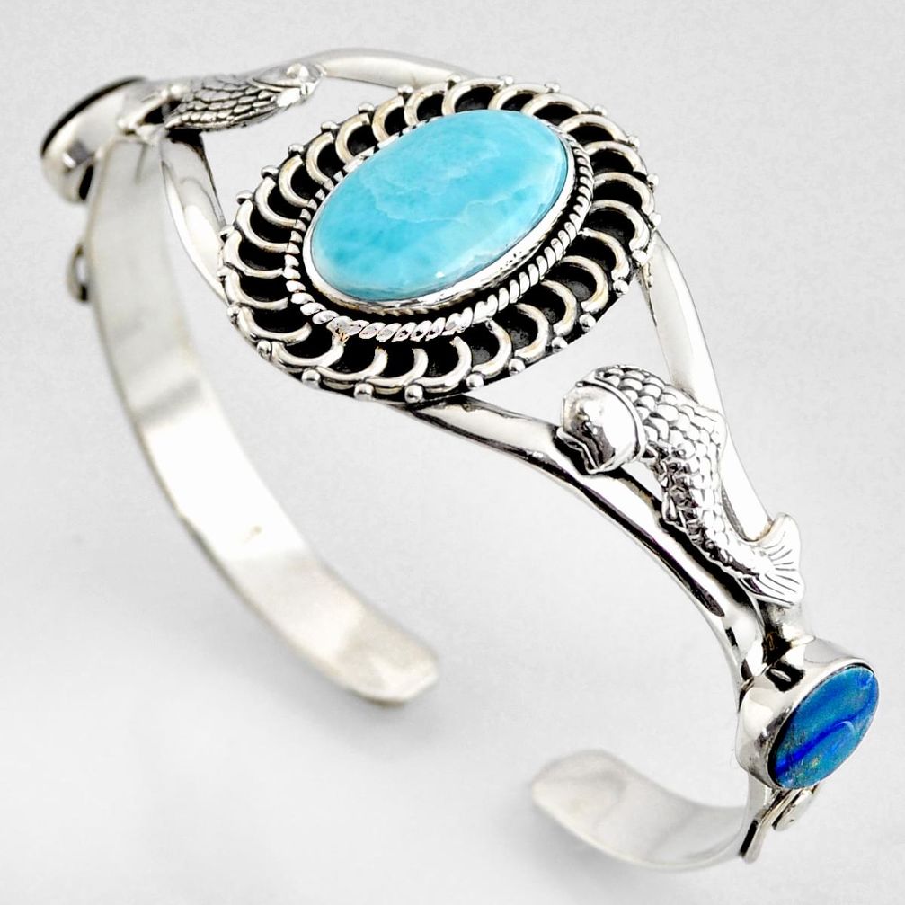 16.38cts fish natural blue larimar 925 silver fish adjustable bangle r4949