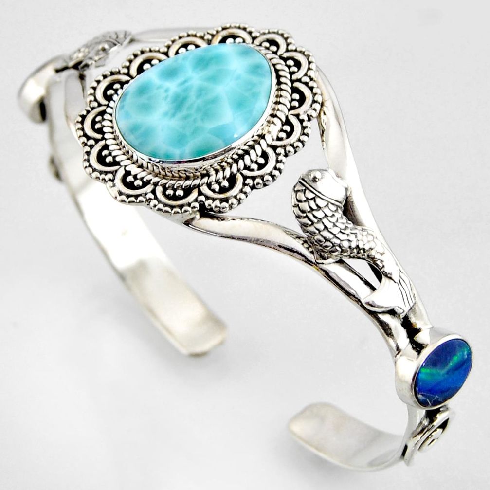 925 silver 19.70cts natural blue larimar fish adjustable bangle jewelry r4951