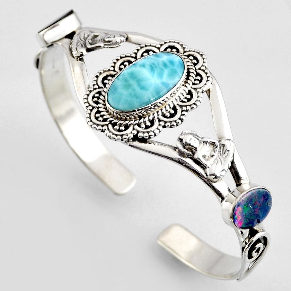 13.48cts natural blue larimar 925 silver buddha charm adjustable bangle r4957