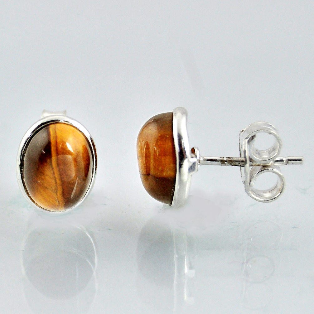 5.48cts natural brown tiger's eye 925 sterling silver stud earrings r1083