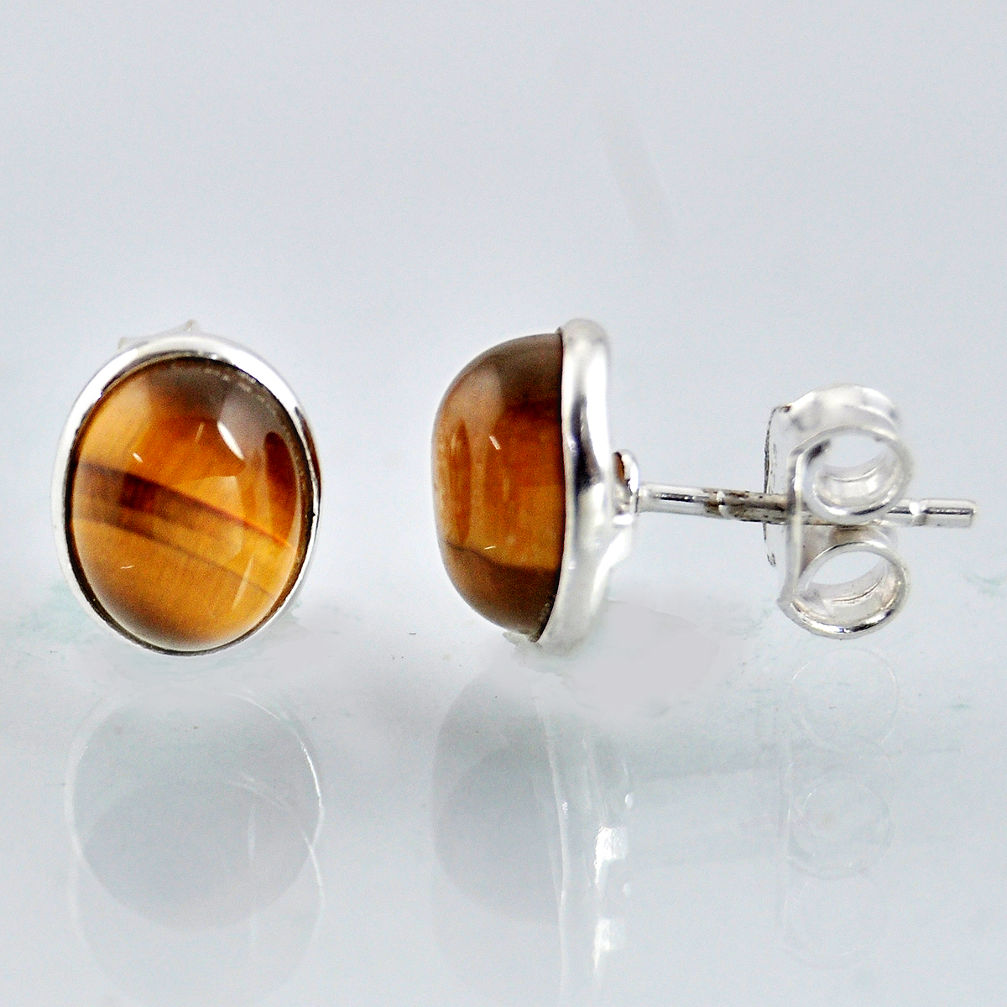 5.46cts natural brown tiger's eye 925 sterling silver stud earrings r1086