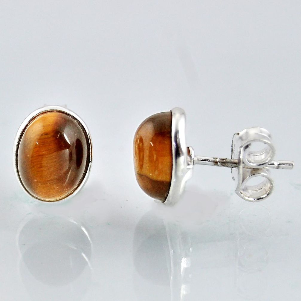 5.79cts natural brown tiger's eye 925 sterling silver stud earrings r1090