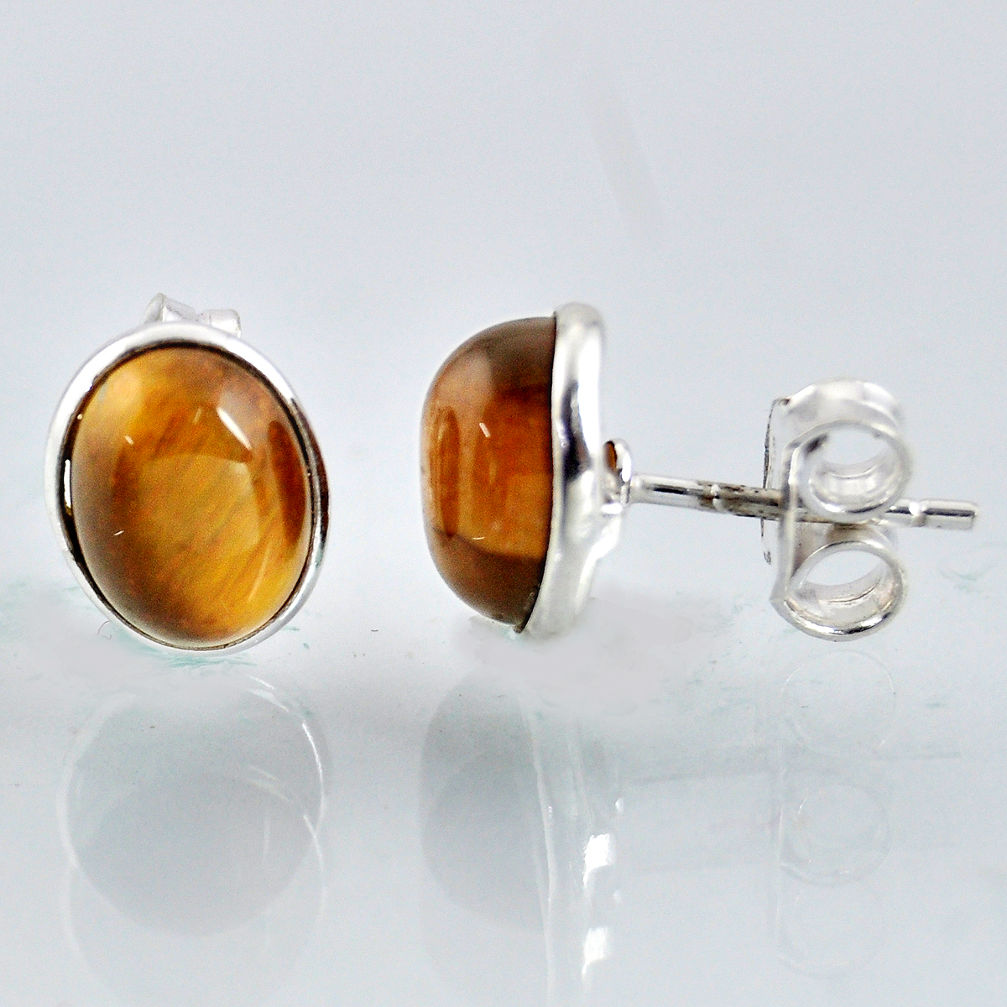 5.48cts natural brown tiger's eye 925 sterling silver stud earrings r1093