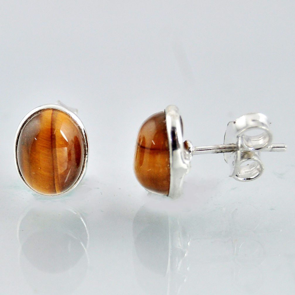5.48cts natural brown tiger's eye 925 sterling silver stud earrings r1100