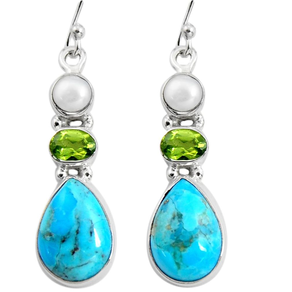 13.70cts blue arizona mohave turquoise peridot pearl 925 silver earrings r5046