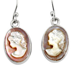 9.86cts lady face natural pink cameo on shell 925 silver dangle earrings r5061