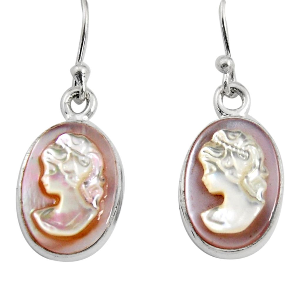 9.83cts lady face natural pink cameo on shell 925 silver dangle earrings r5065