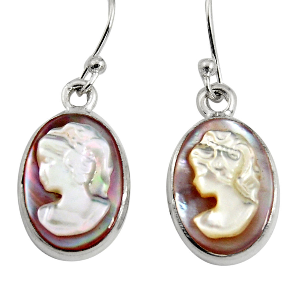 10.76cts lady face natural pink cameo on shell 925 silver dangle earrings r5069