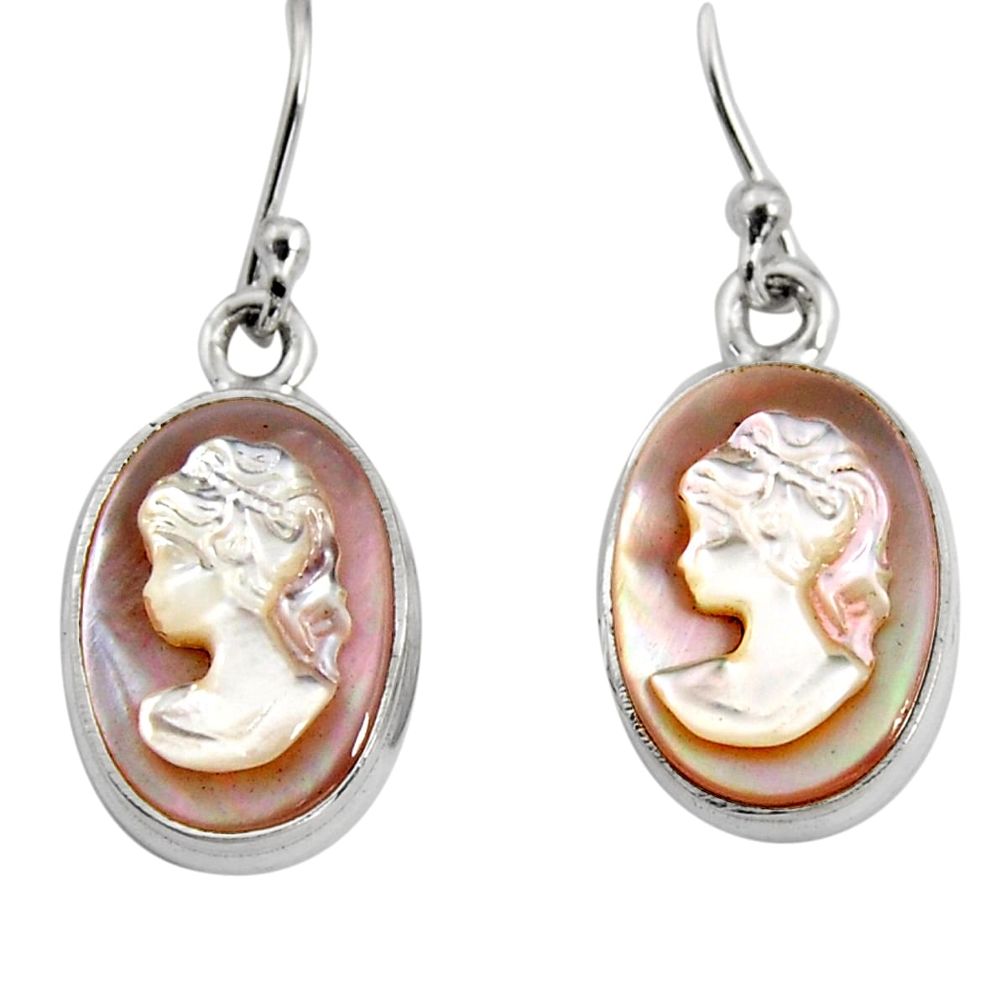 10.32cts lady face natural pink cameo on shell 925 silver dangle earrings r5072