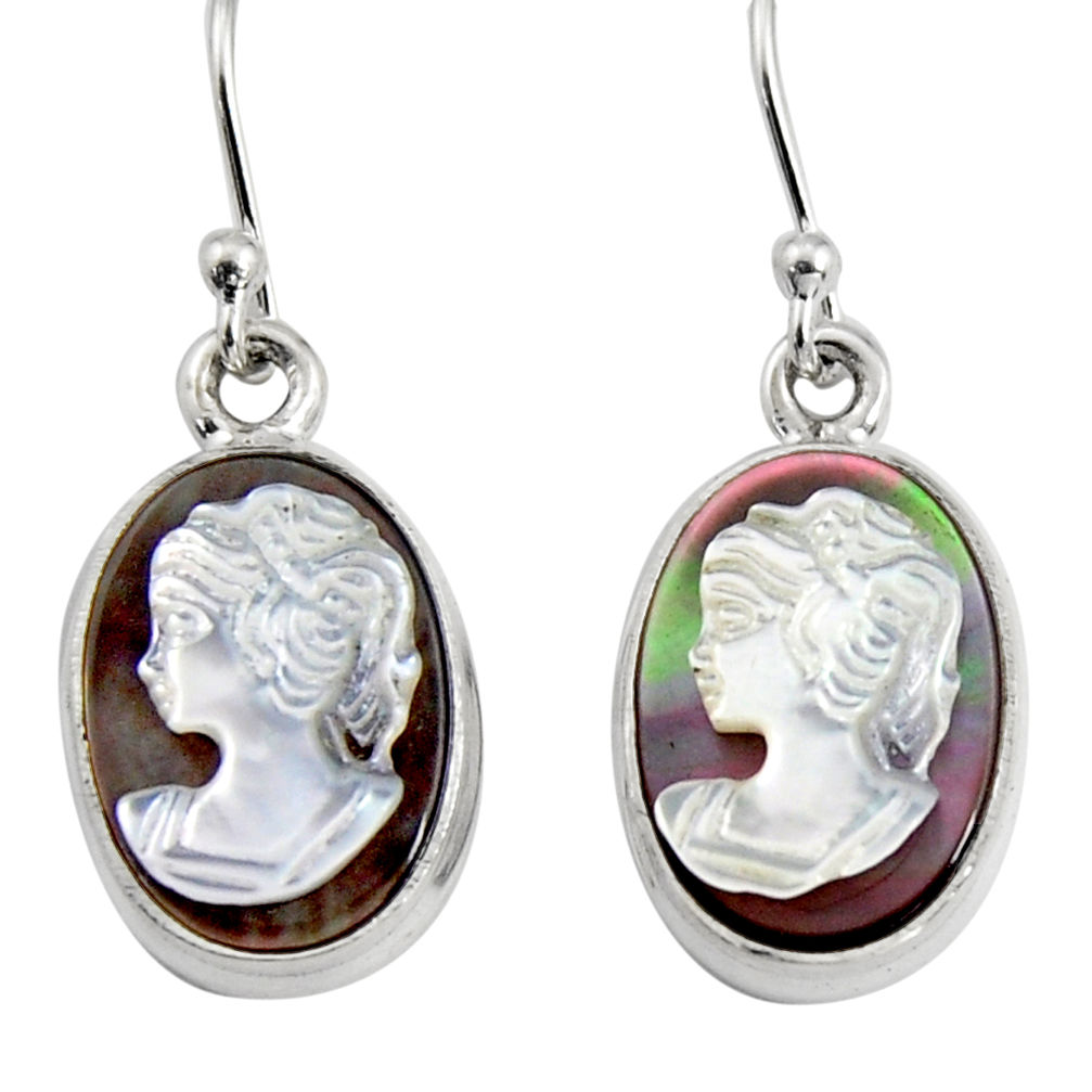 10.32cts lady face natural pink cameo on shell 925 silver dangle earrings r5073