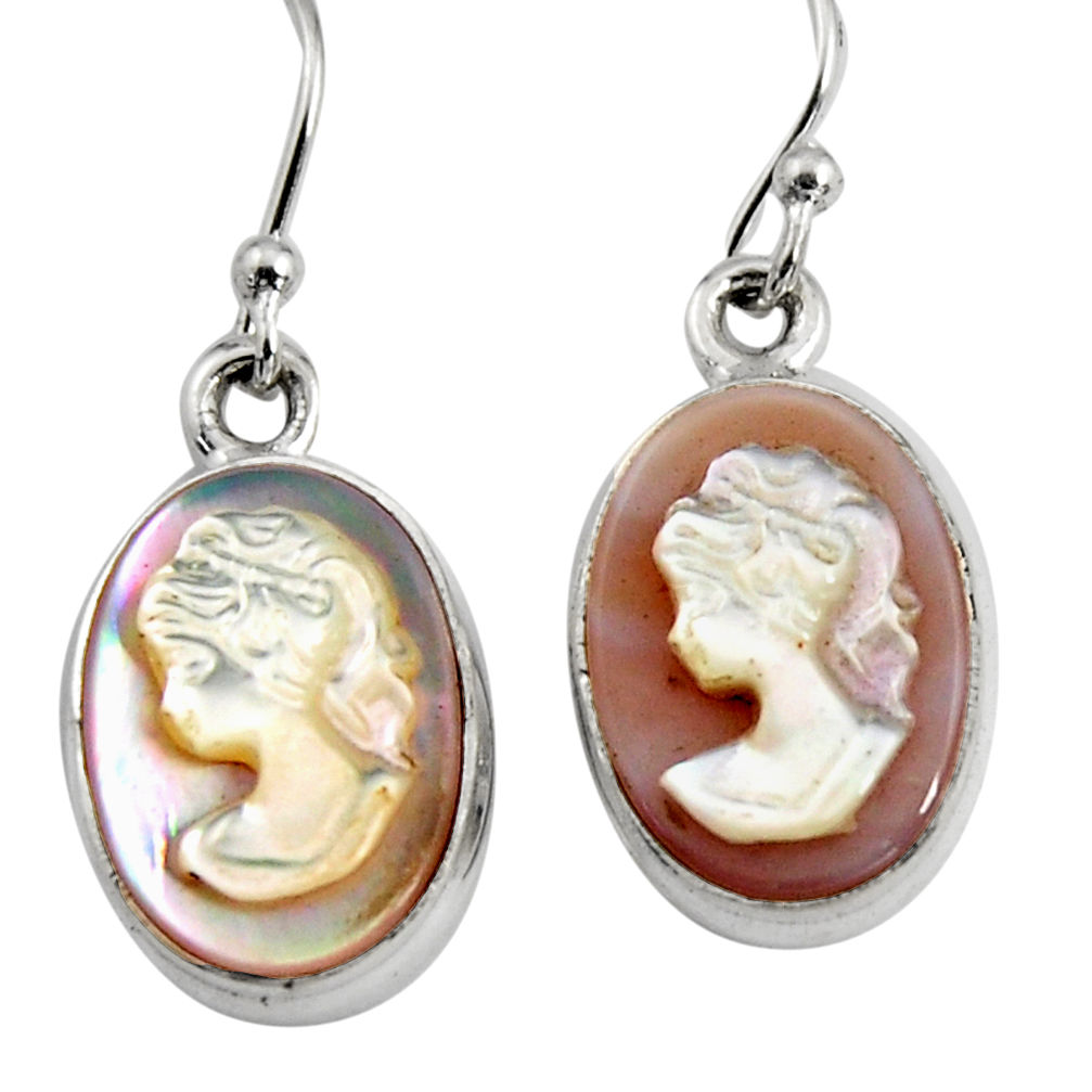 9.83cts lady face natural pink cameo on shell 925 silver dangle earrings r5074