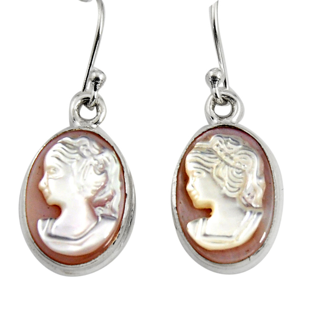 11.07cts lady face natural pink cameo on shell 925 silver dangle earrings r5076