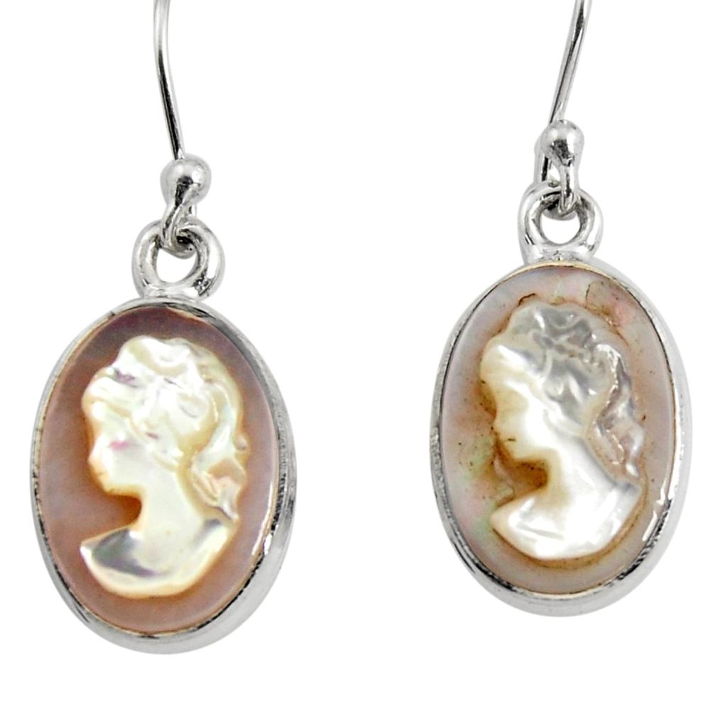 10.27cts lady face natural pink cameo on shell 925 silver dangle earrings r5078