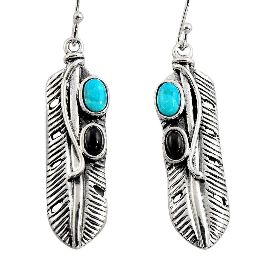 4.74cts natural blue kingman turquoise onyx 925 sterling silver earrings r5602