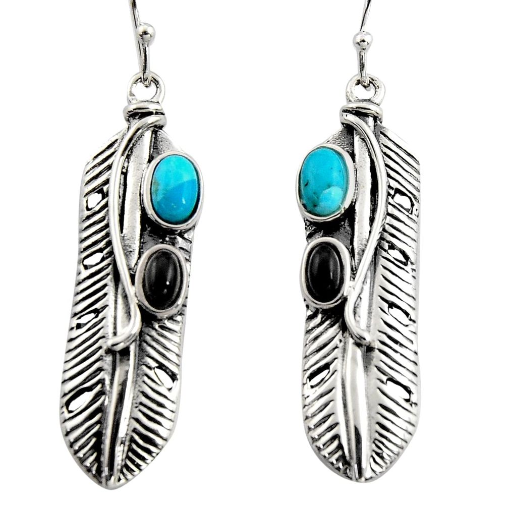 5.01cts natural blue kingman turquoise onyx 925 sterling silver earrings r5605