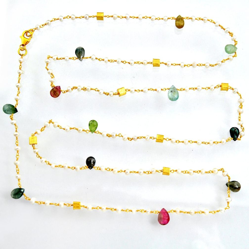 39.50cts natural tourmaline pearl silver 14k gold 35inch chain necklace r3818
