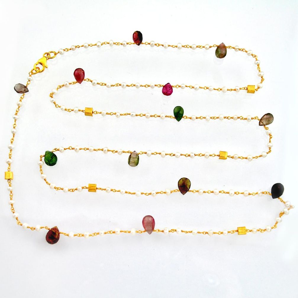 925 silver 39.50cts natural tourmaline pearl gold 35inch chain necklace r3820