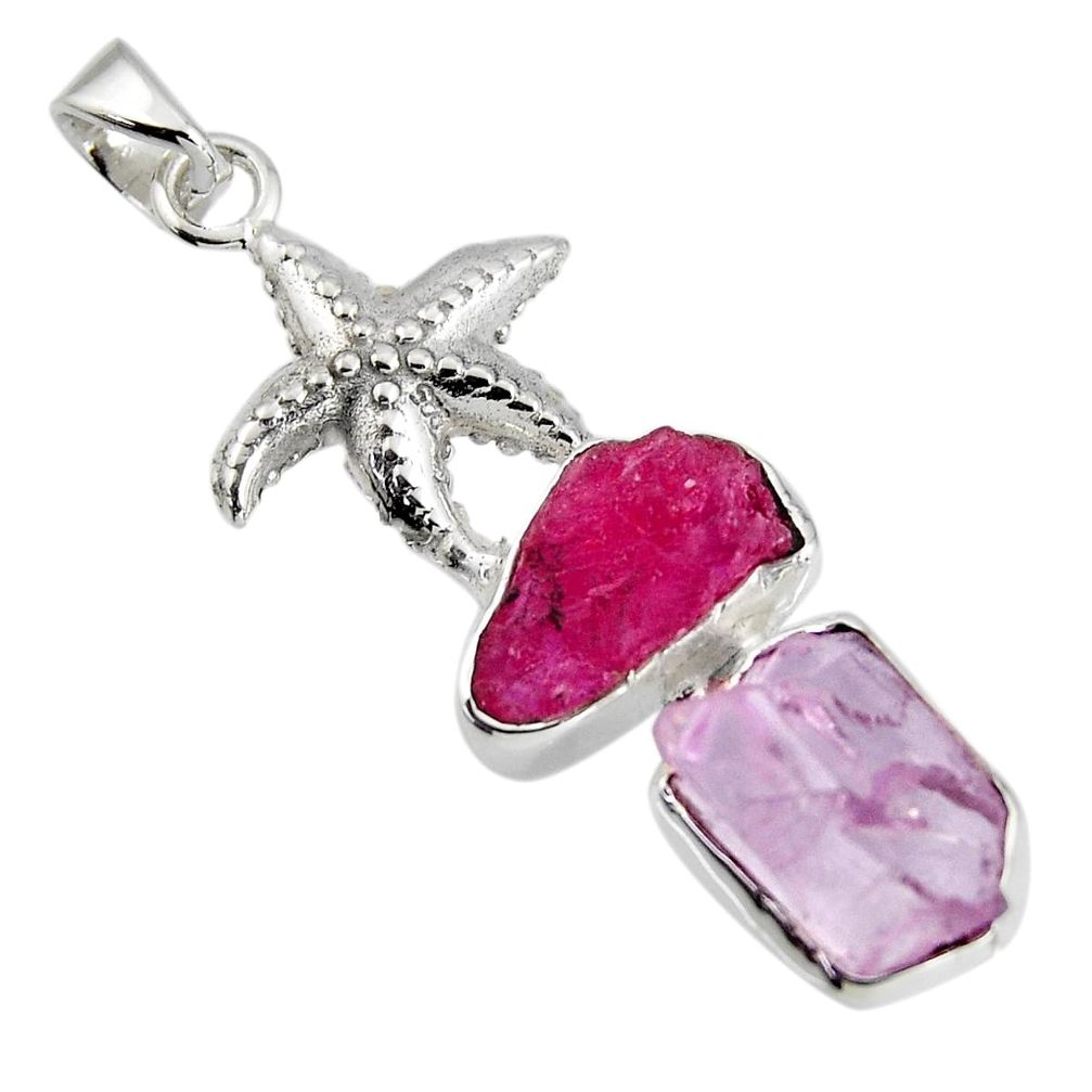 11.25cts natural pink kunzite rough ruby rough silver star fish pendant r1672