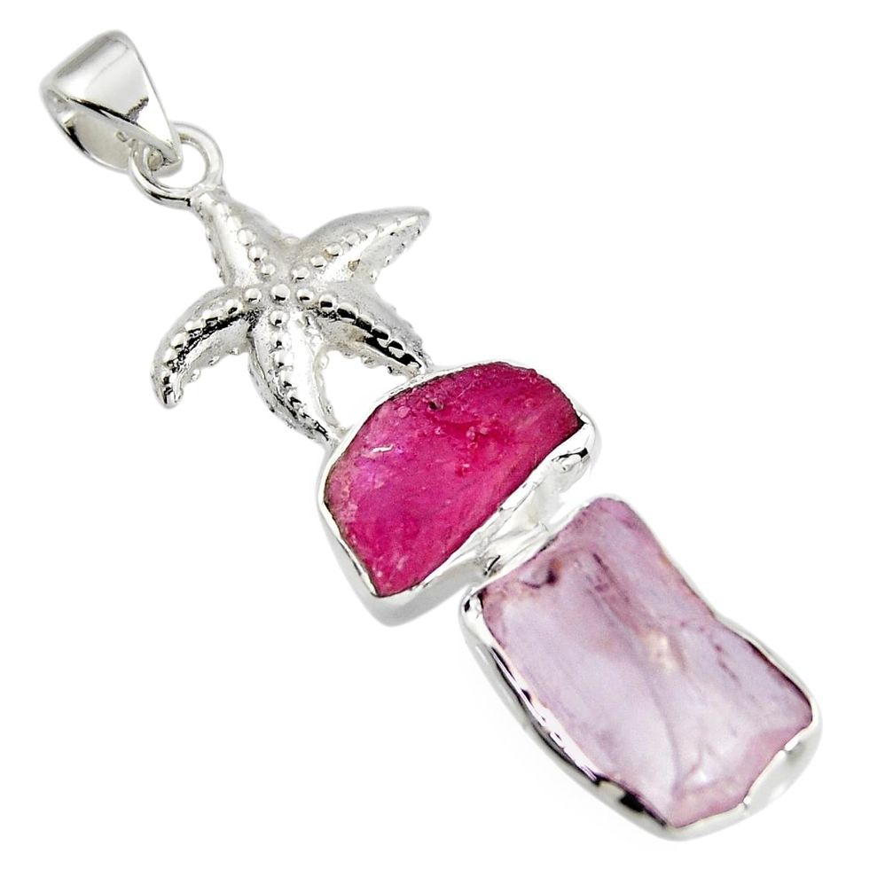 14.61cts natural pink kunzite rough ruby rough silver star fish pendant r1675