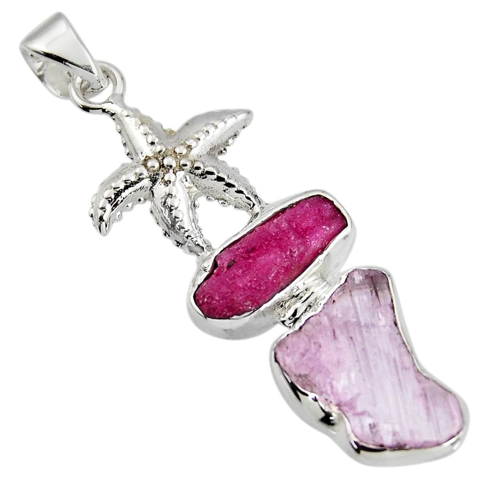 925 silver 13.28cts natural kunzite rough ruby rough star fish pendant r1677