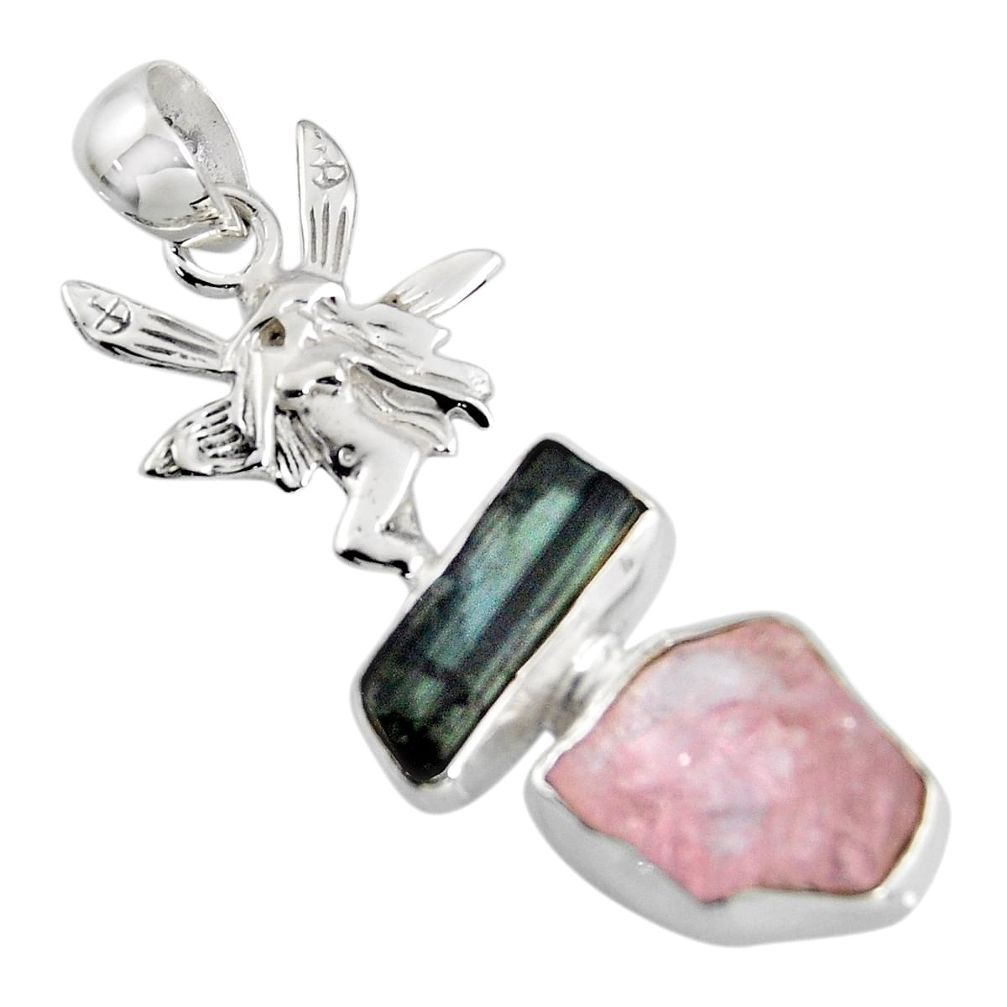 9.47cts natural pink morganite rough 925 silver angel wings fairy pendant r1716