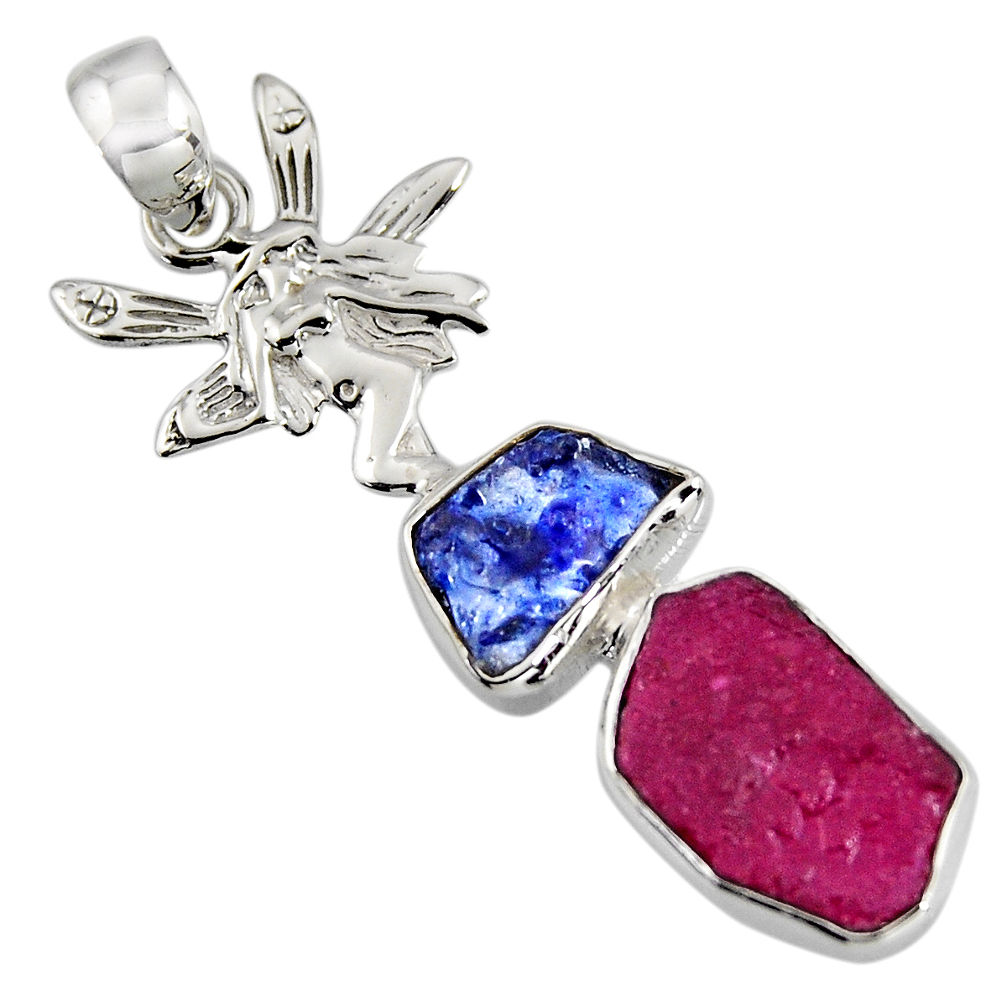 10.78cts natural pink ruby rough 925 silver angel wings fairy pendant r1721