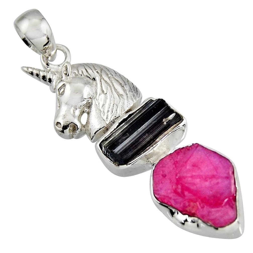 12.34cts natural pink ruby rough tourmaline rough 925 silver horse pendant r1753