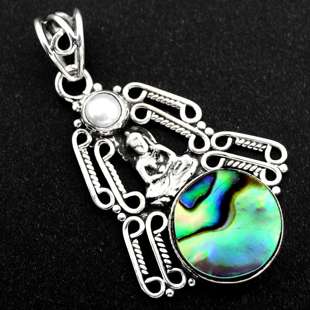 11.66cts natural green abalone paua seashell silver buddha charm pendant r1926