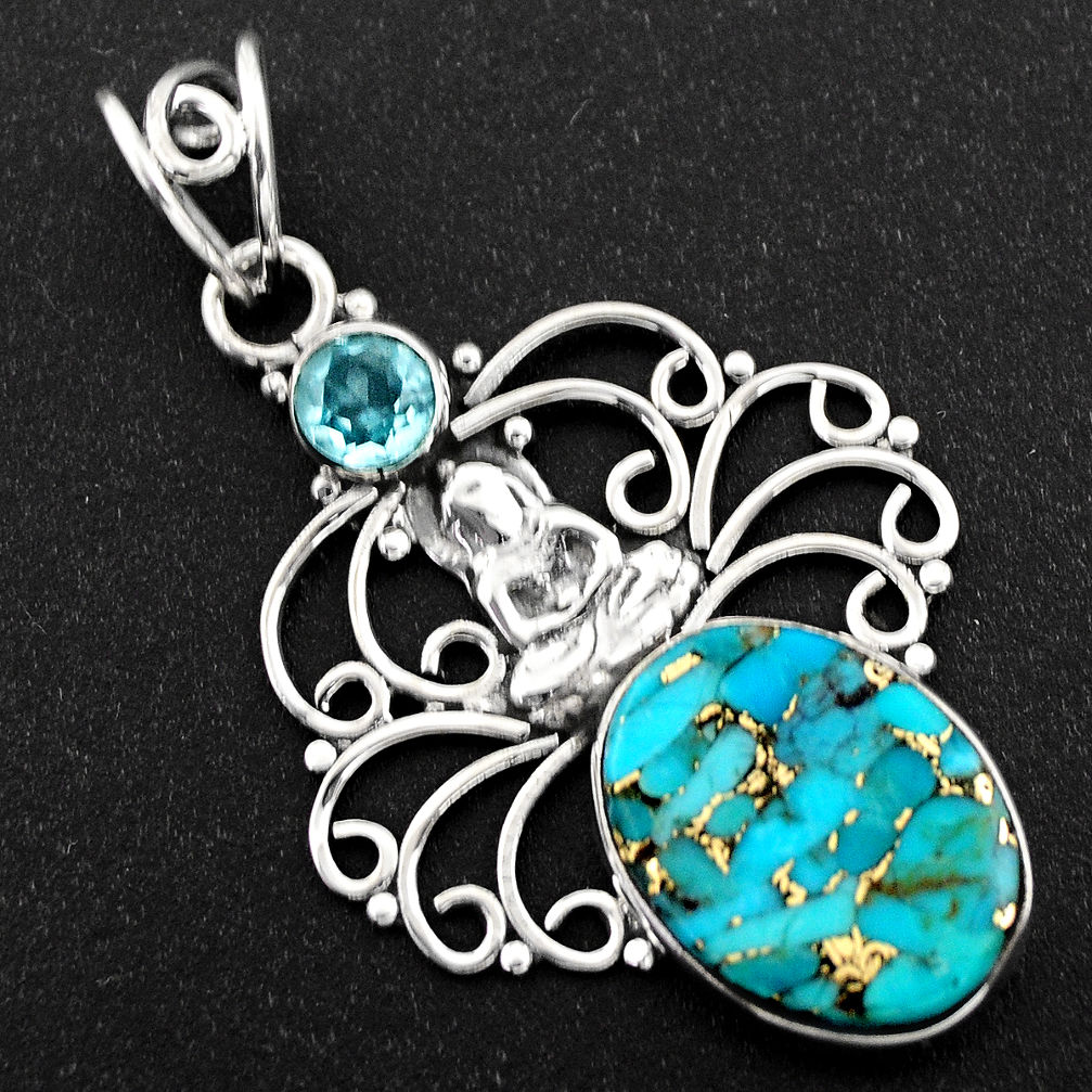 9.47cts blue copper turquoise topaz 925 silver buddha charm pendant r1932