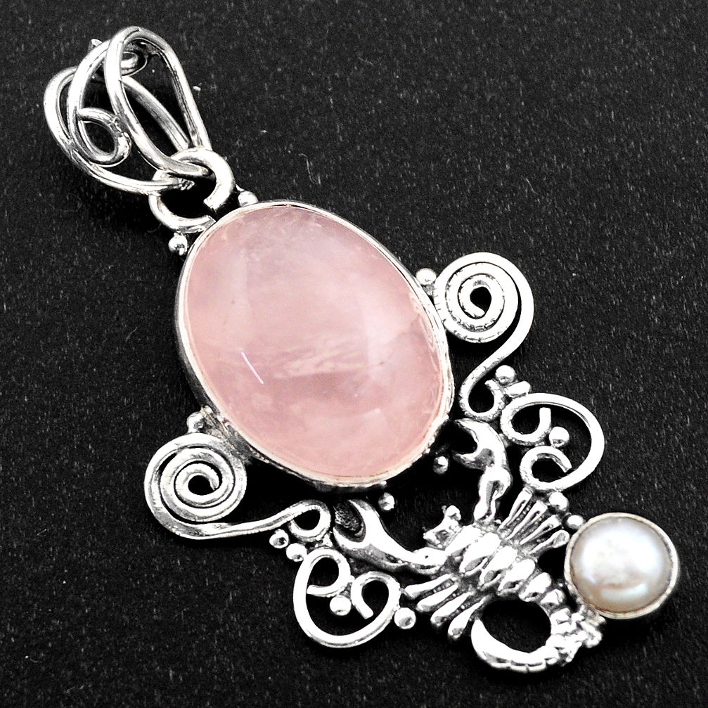 10.02cts natural pink rose quartz pearl 925 silver scorpion pendant r1941