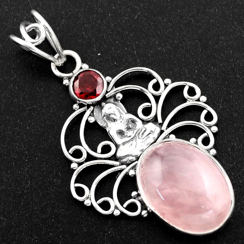 11.19cts natural pink rose quartz garnet 925 silver buddha charm pendant r1945