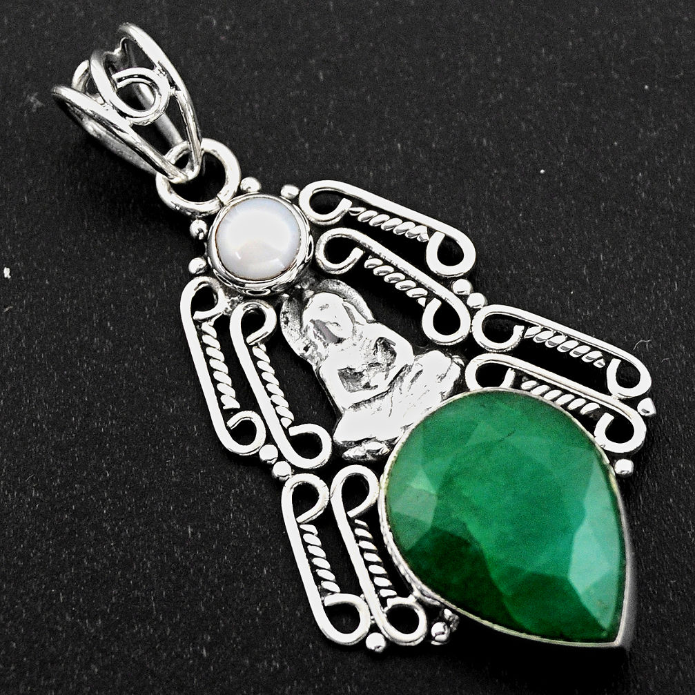 925 silver 11.19cts natural green emerald pearl buddha charm pendant r1954