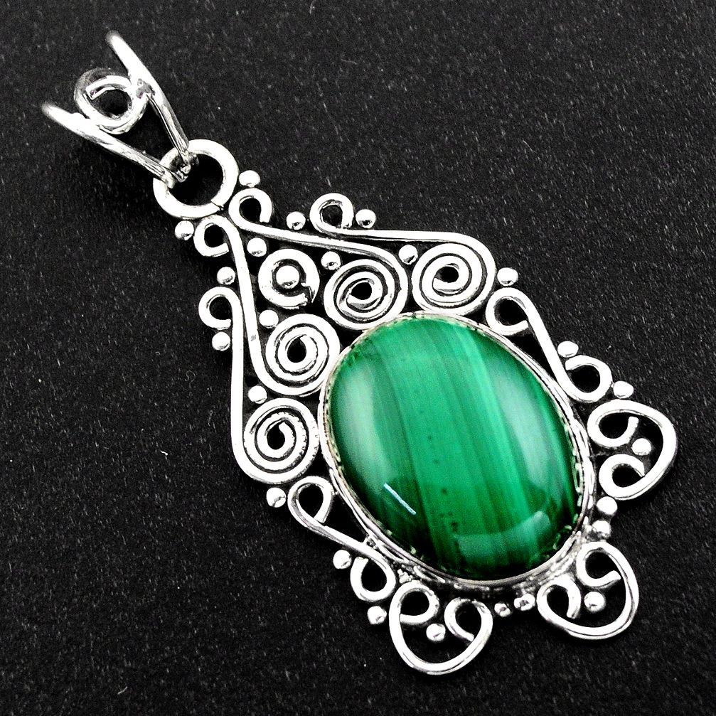 925 silver 11.02cts natural green malachite (pilot's stone) oval pendant r1964