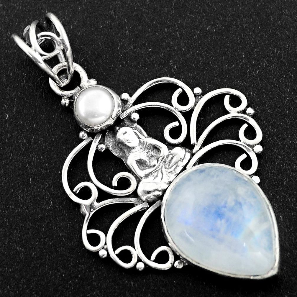 10.24cts natural rainbow moonstone pearl 925 silver buddha charm pendant r1977