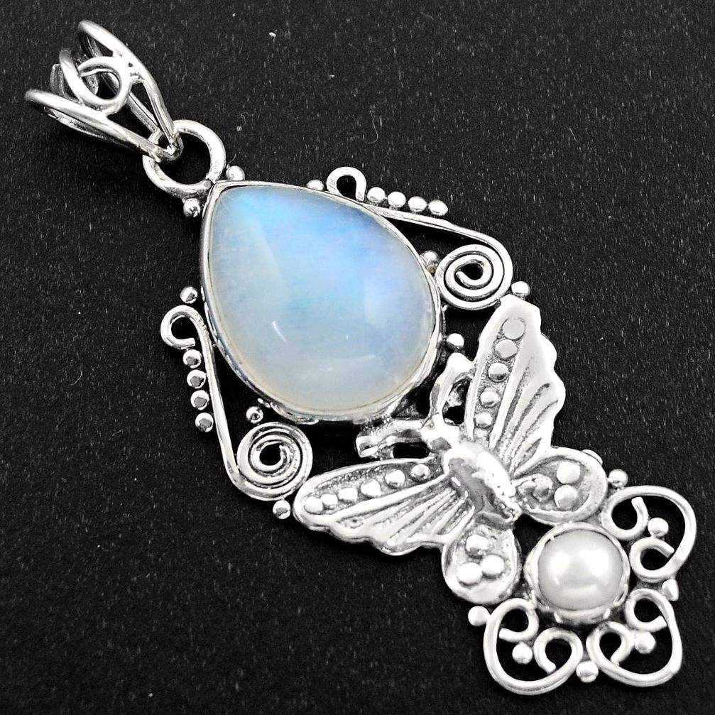 925 silver 10.25cts natural rainbow moonstone pearl butterfly pendant r1979