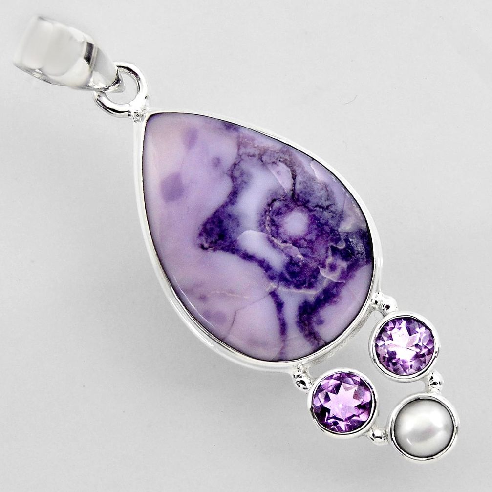 925 silver 14.47cts natural purple tiffany stone white pearl pendant r2235