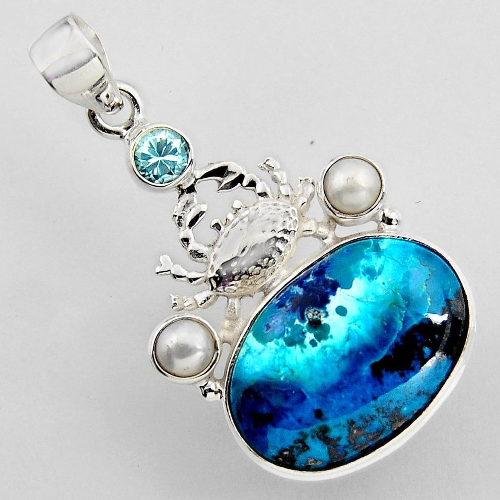 22.05cts natural blue shattuckite topaz 925 sterling silver crab pendant r2241