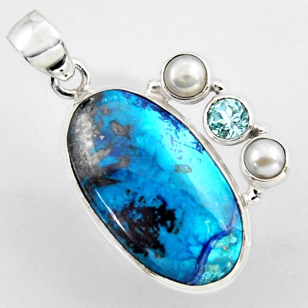 19.22cts natural blue shattuckite topaz pearl 925 sterling silver pendant r2246