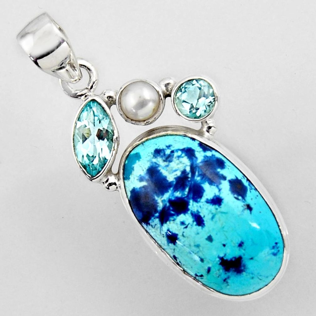 17.42cts natural blue shattuckite topaz pearl 925 sterling silver pendant r2253